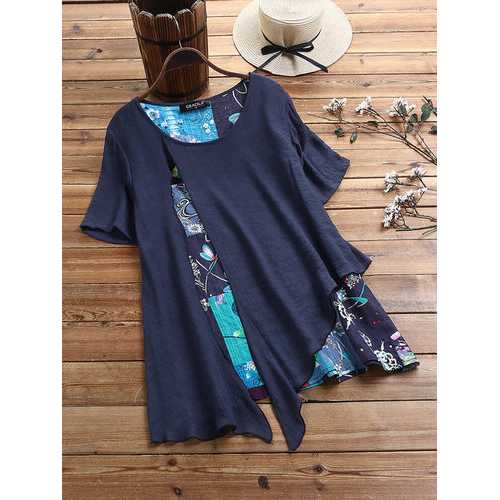 Patchwork Printed Irregular Hem Blouse