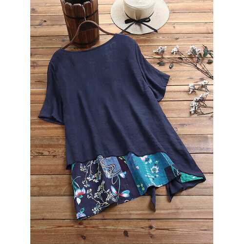 Patchwork Printed Irregular Hem Blouse