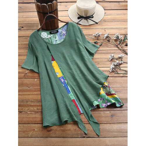 Patchwork Printed Irregular Hem Blouse