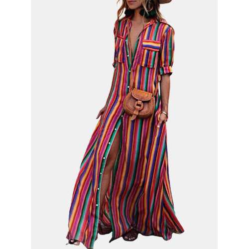Striped Printed Button Lapel Dress