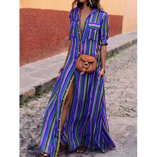 Striped Printed Button Lapel Dress