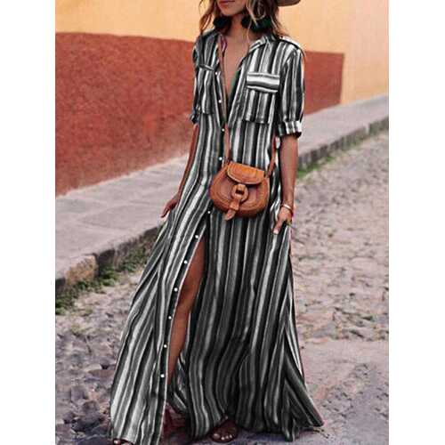 Striped Printed Button Lapel Dress