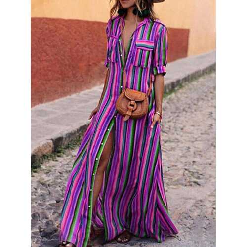 Striped Printed Button Lapel Dress