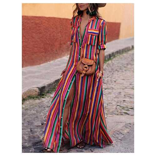 Striped Printed Button Lapel Dress