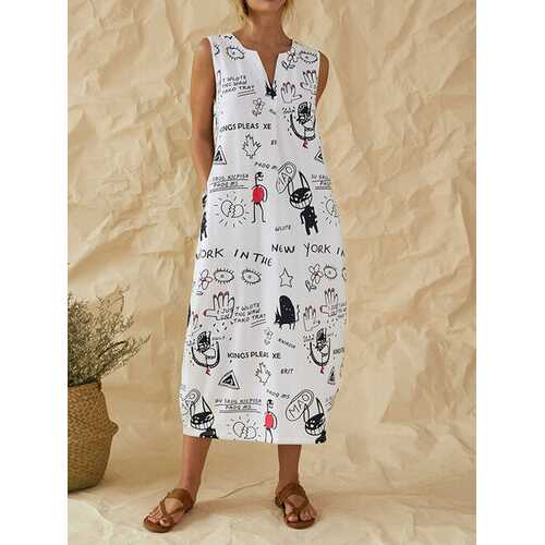 Graffiti Print V-neck Dress