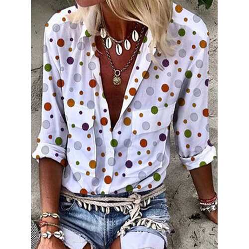 Polka Dot Printed Lapel Button Blouse