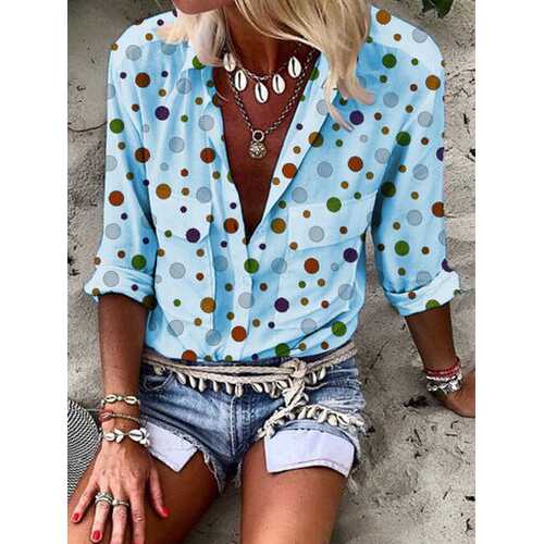 Polka Dot Printed Lapel Button Blouse