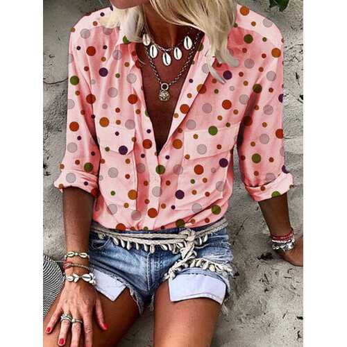 Polka Dot Printed Lapel Button Blouse
