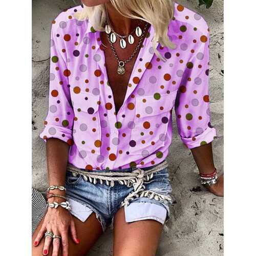 Polka Dot Printed Lapel Button Blouse