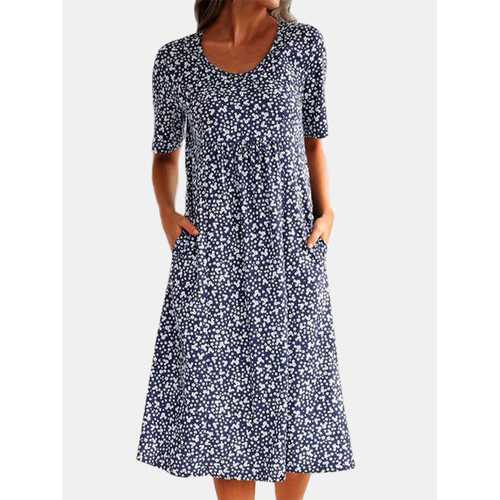 Print O-neck Pockets Dress