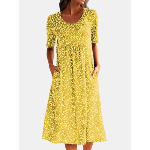 Print O-neck Pockets Dress