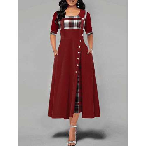 Plaid Patched Pleated Maxi Dres