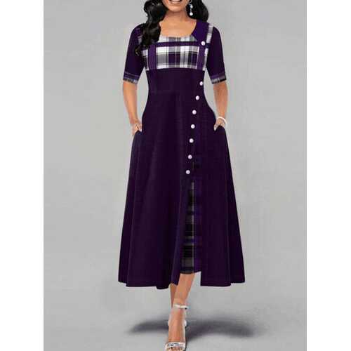 Plaid Patched Pleated Maxi Dres