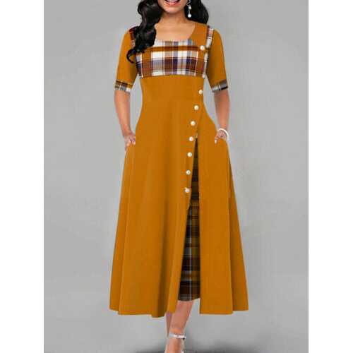 Plaid Patched Pleated Maxi Dres