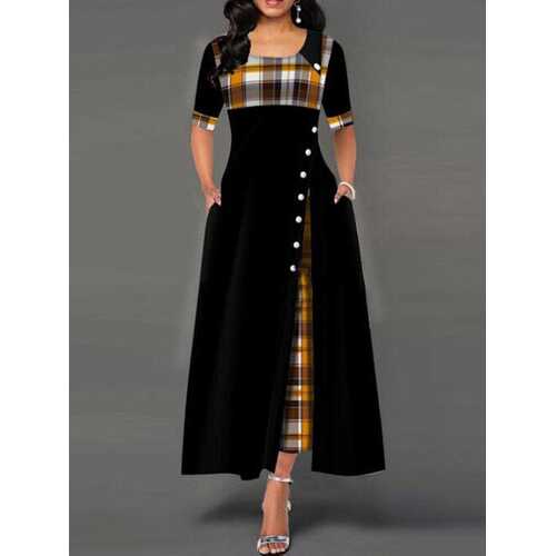 Plaid Patched Pleated Maxi Dres
