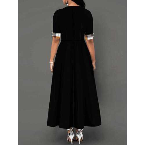 Plaid Patched Pleated Maxi Dres