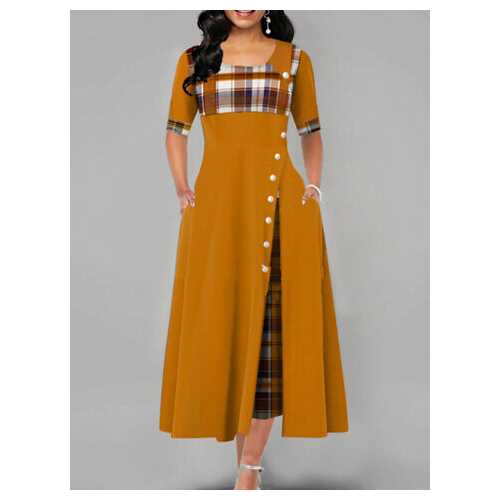 Plaid Patched Pleated Maxi Dres
