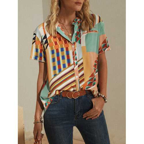 Striped Geometric Printed Button Blouse