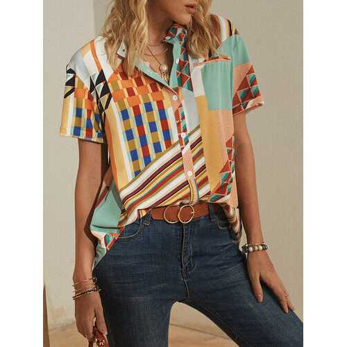 Striped Geometric Printed Button Blouse