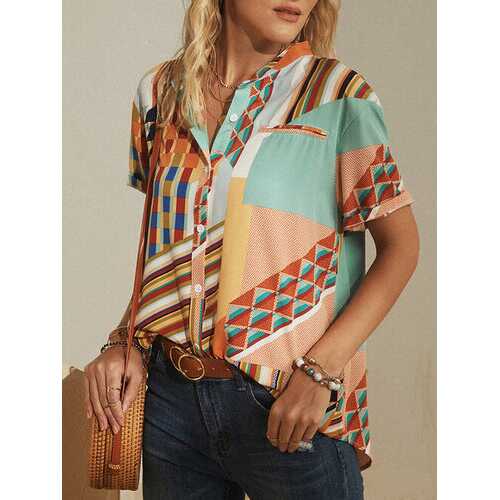 Striped Geometric Printed Button Blouse