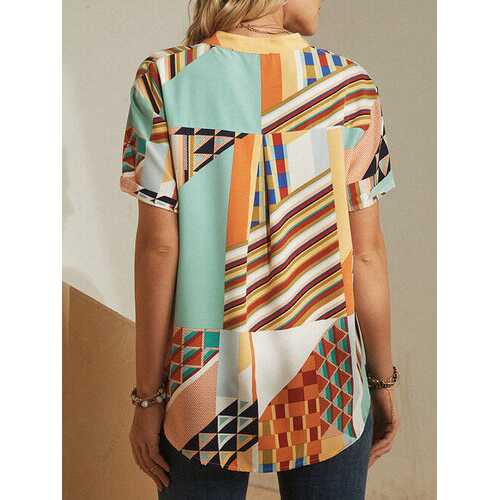 Striped Geometric Printed Button Blouse