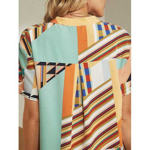 Striped Geometric Printed Button Blouse