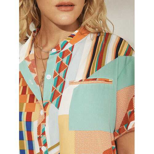 Striped Geometric Printed Button Blouse