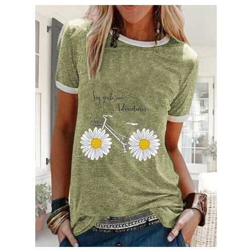Daisy Floral Bike Letter Printed Casual T-shirt