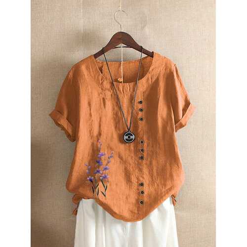 Floral Embroidery O-neck T-shirt