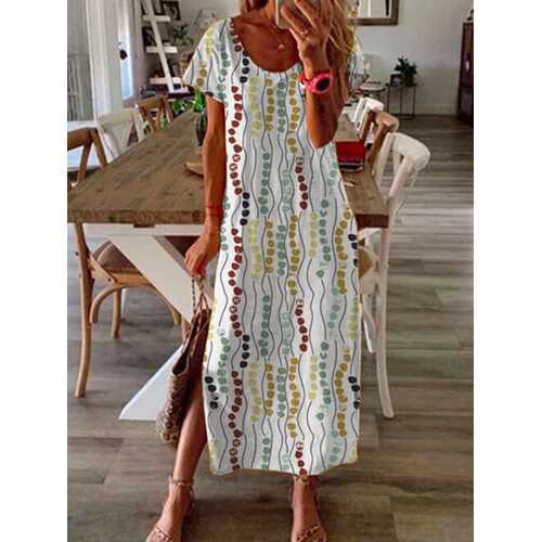Printed Short Sleeve Split Midi Dress