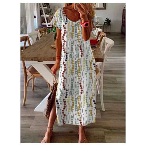 Printed Short Sleeve Split Midi Dress