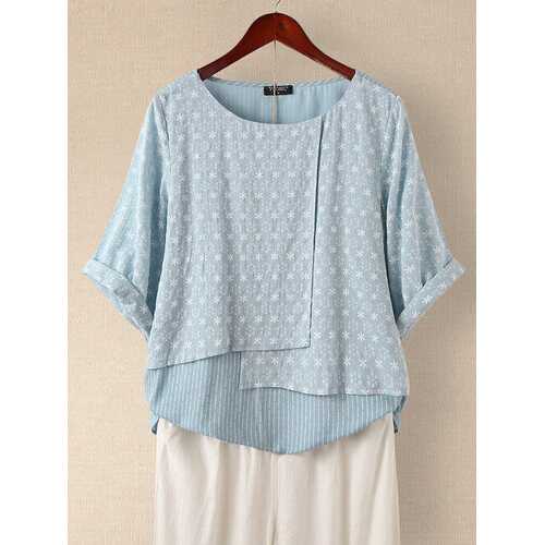 Floral Printed Striped Patchwork Blouse