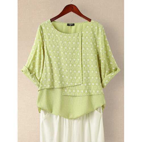 Floral Printed Striped Patchwork Blouse