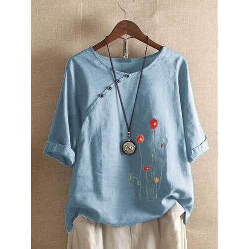 Flower Embroidery Button Blouse