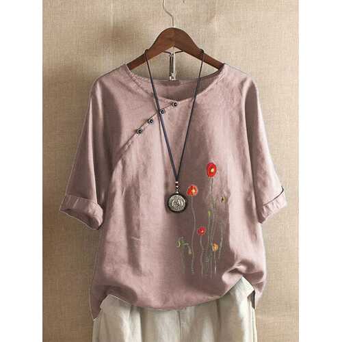 Flower Embroidery Button Blouse