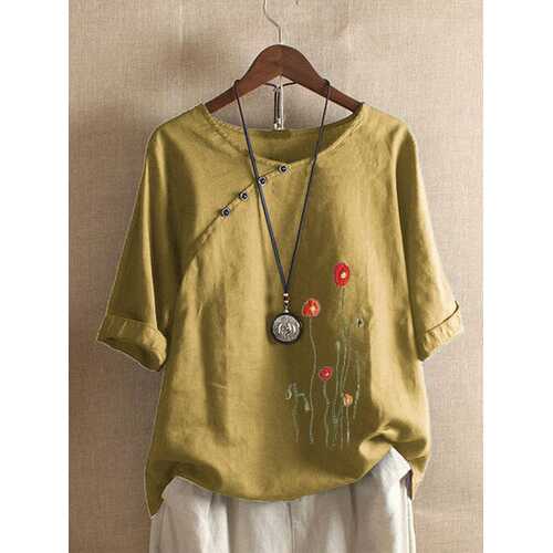 Flower Embroidery Button Blouse