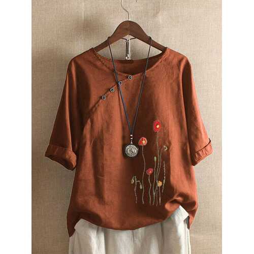 Flower Embroidery Button Blouse
