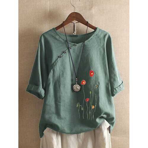 Flower Embroidery Button Blouse
