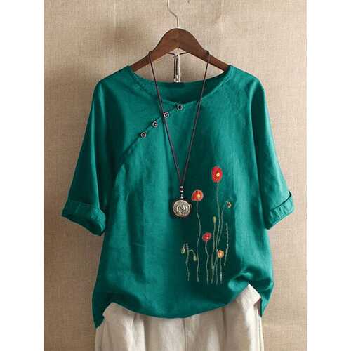 Flower Embroidery Button Blouse