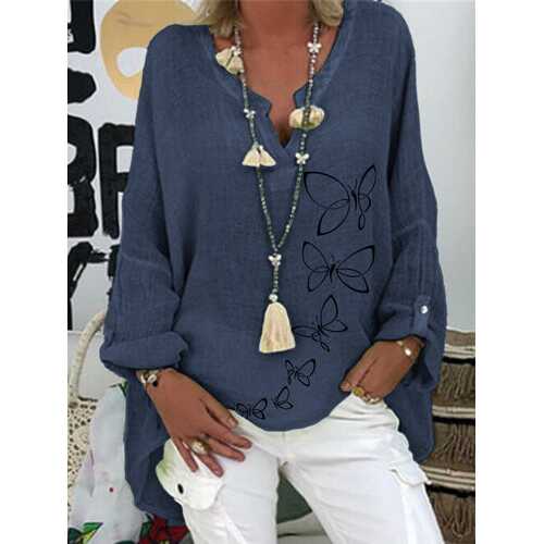 V-neck Butterflies Print Blouse