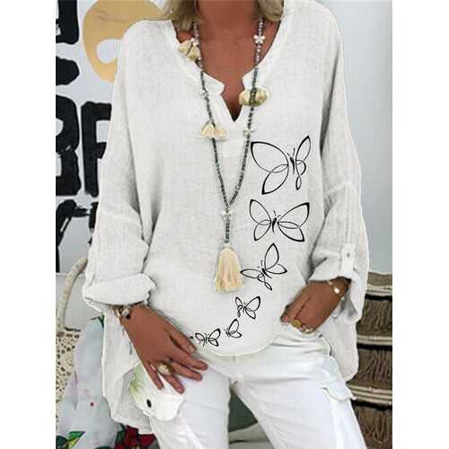 V-neck Butterflies Print Blouse
