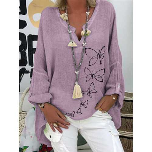 V-neck Butterflies Print Blouse
