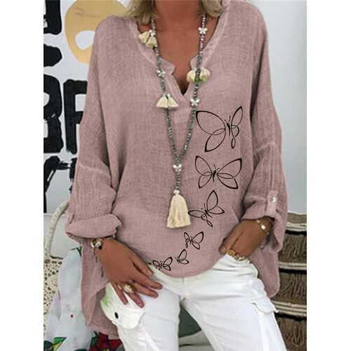 V-neck Butterflies Print Blouse