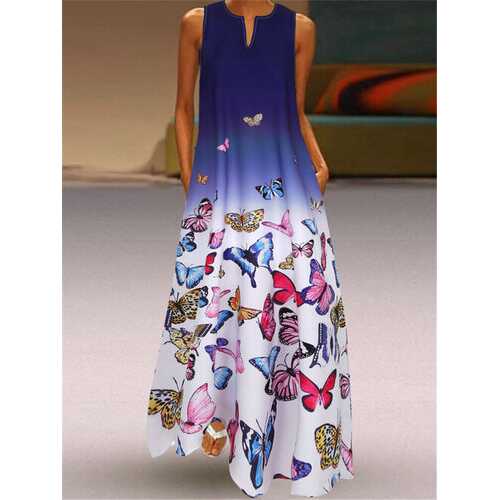 Butterfly Printed Ombre Maxi Dress