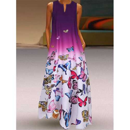 Butterfly Printed Ombre Maxi Dress