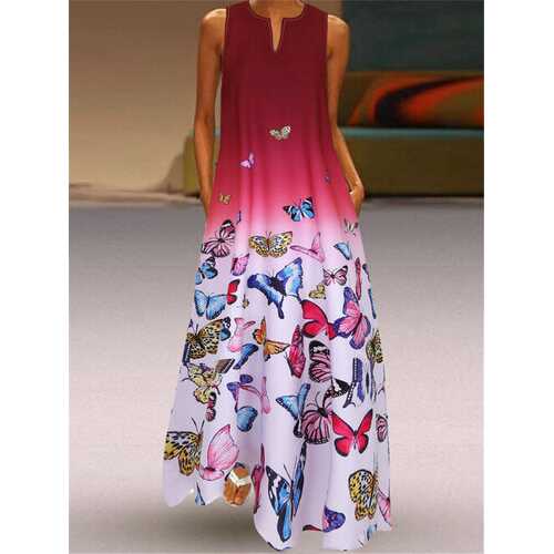 Butterfly Printed Ombre Maxi Dress