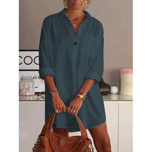 Solid Color Turn-down Collar Blouse