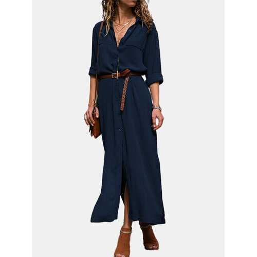 Solid Color Blouse Split Dress