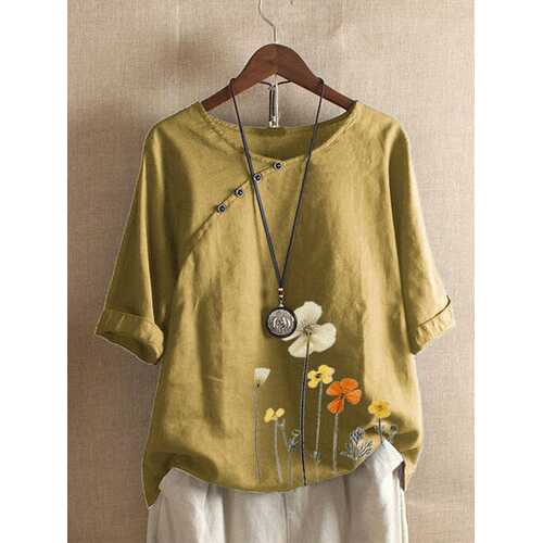 Floral Printed Button O-neck T-shirt