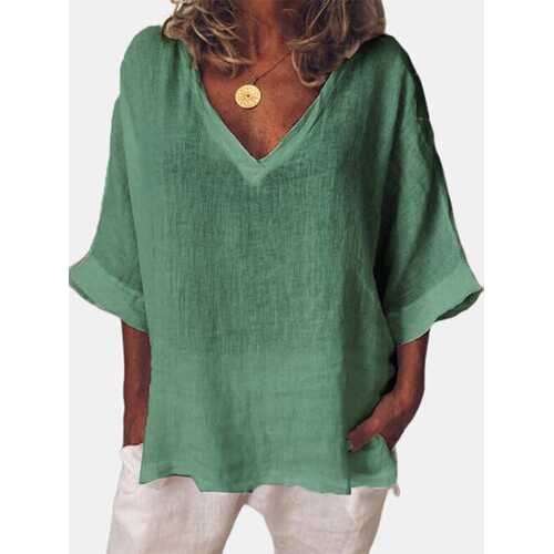Solid Color V-neck Loose Blouse